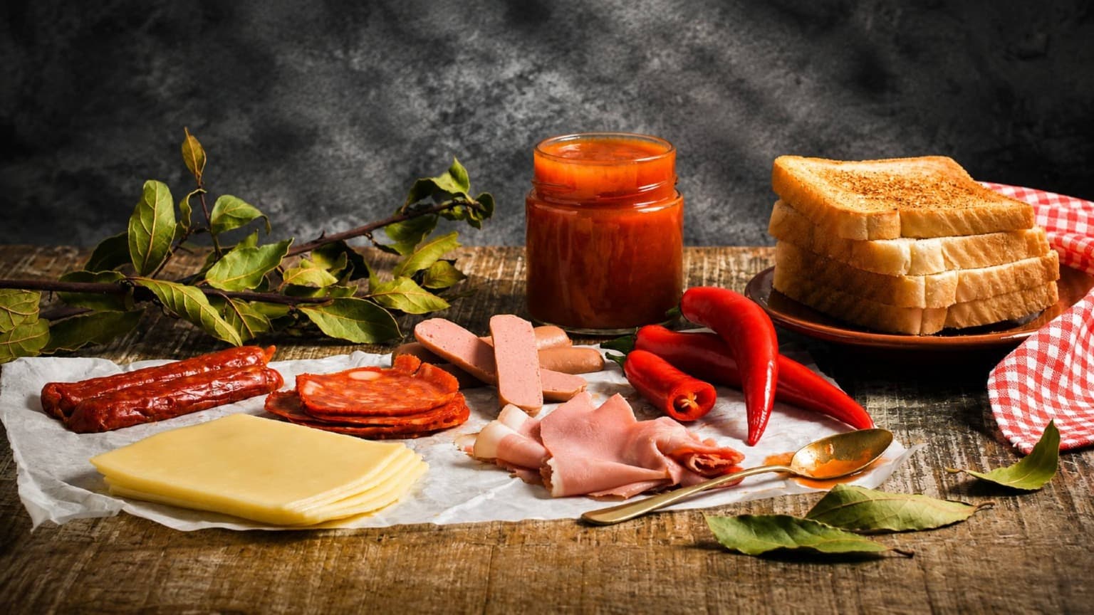 Ingredientes tradicionales utilizados para elaborar una auténtica Francesinha, incluyendo pan, queso, embutidos, salchichas y salsa