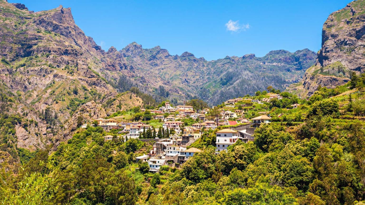 Panoramic view of Curral das Freiras in Madeira, a secluded valley surrounded by high volcanic mountains.