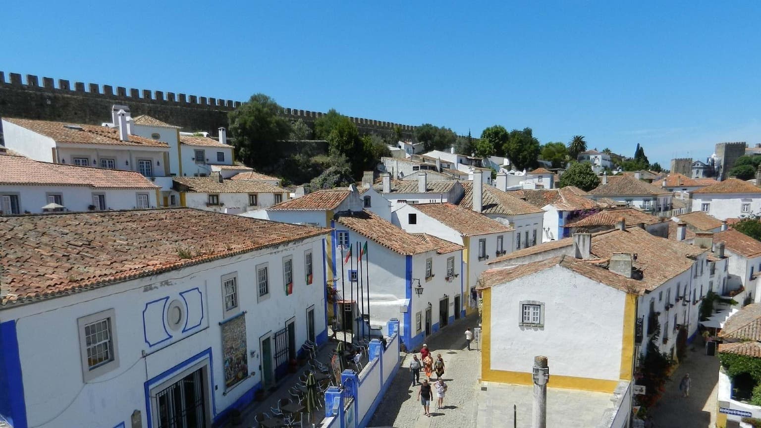 Travelers exploring the cobblestone streets of Óbidos with a local guide, discovering the medieval charm of Central Portugal