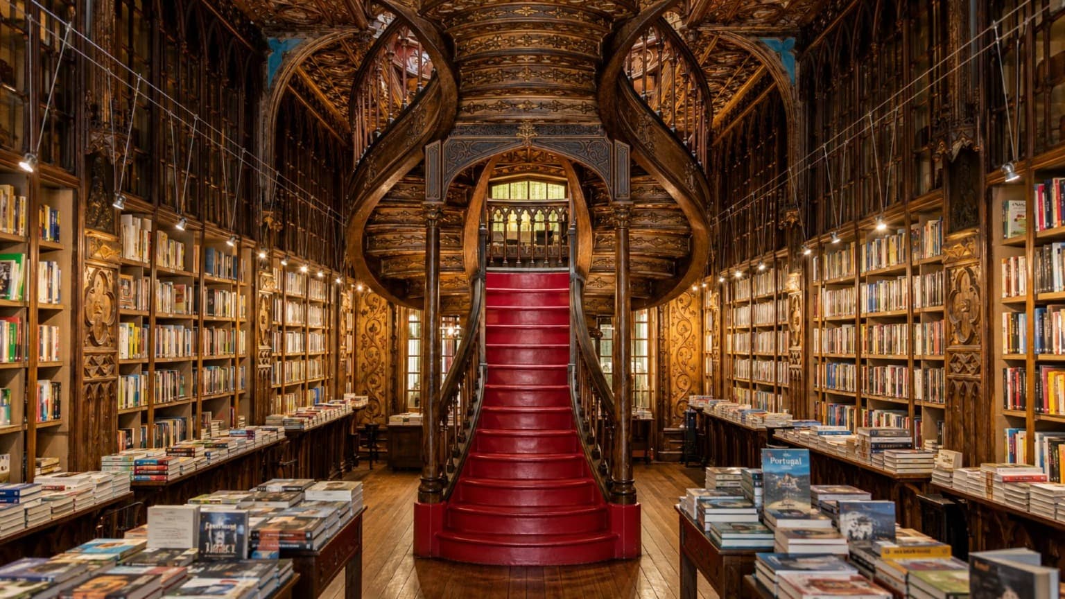 Interior de la librería Livraria Lello en Oporto, con su emblemática escalera carmesí