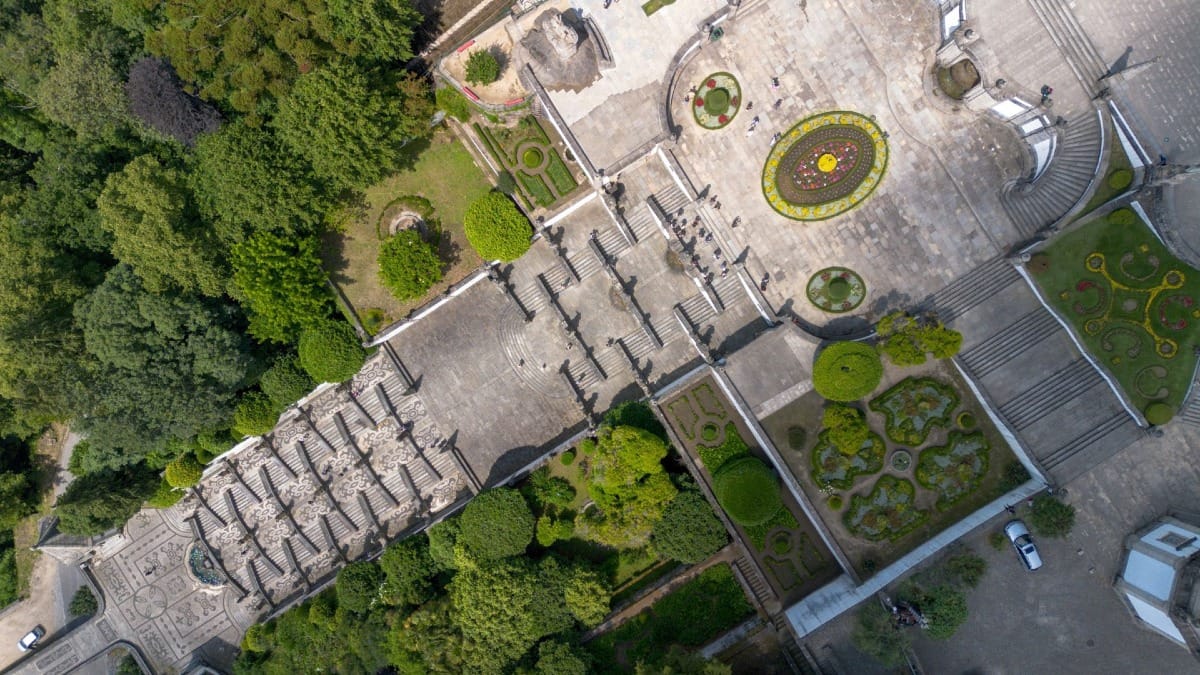 Aerial view of the UNESCO Bom Jesus Sanctuary and its gardens in Braga during a Braga and Guimarães guided tour with Cooltour Oporto