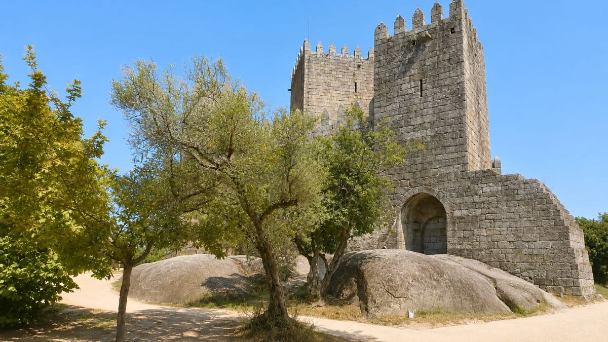 Vue historique du château de Guimarães, l'une des forteresses médiévales les mieux préservées du Portugal.