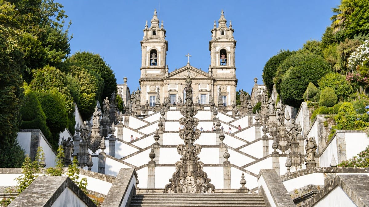 The iconic Baroque staircase of Bom Jesus do Monte Sanctuary visited during a private day trip from Porto.