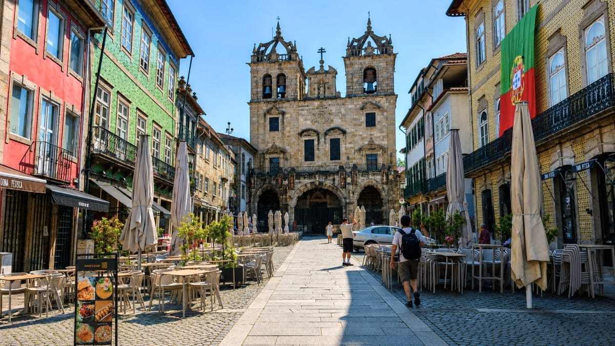 Walking through Braga's historic centre towards Portugal's oldest cathedral.
