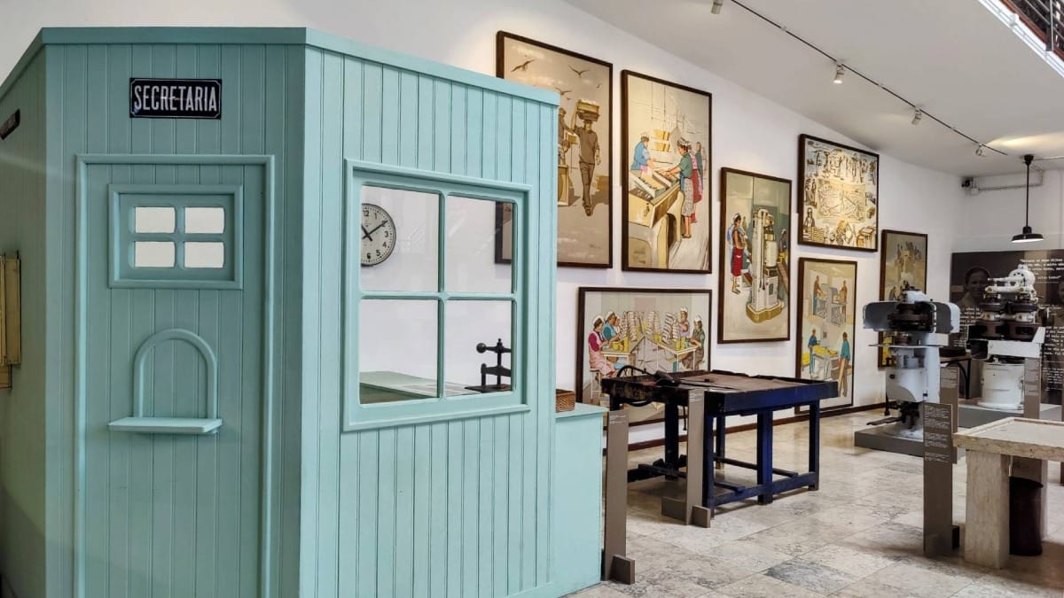 Interior of the Museu do Trabalho in Setúbal with vintage machinery and educational displays